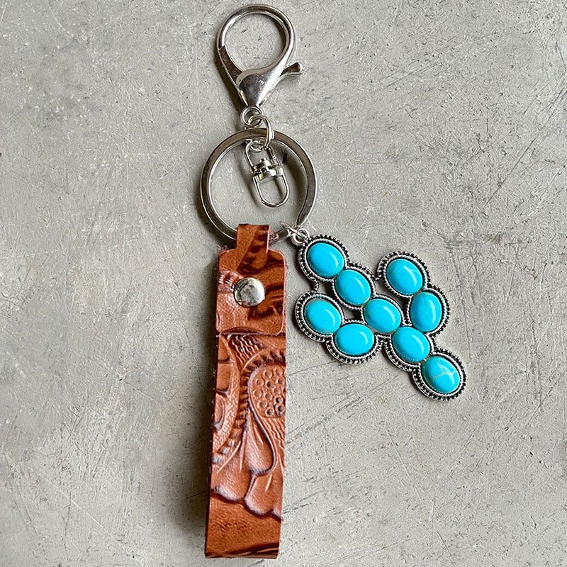 Llavero Retro Grabado Cuero Vacuno Estilo Western con Colgante de Flores de Calabaza Turquesa