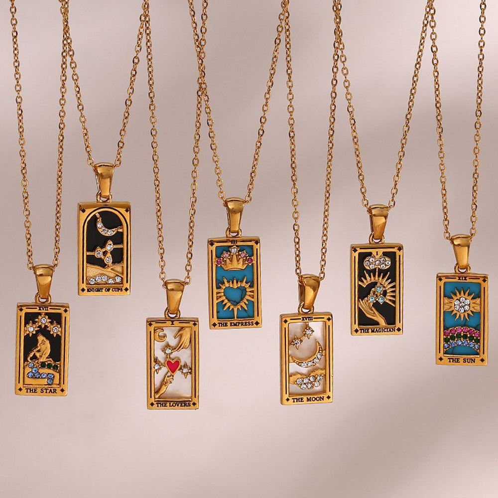 Retro beliebte Anhängerkette aus Edelstahl mit rechteckigem Drip-Zirkon-Tarot-Design