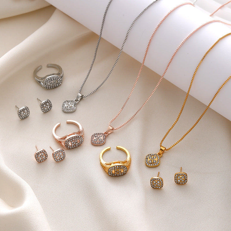 Diamant-Geometrisches-Halskette-Ring-Ohrringe-3-teiliges Set