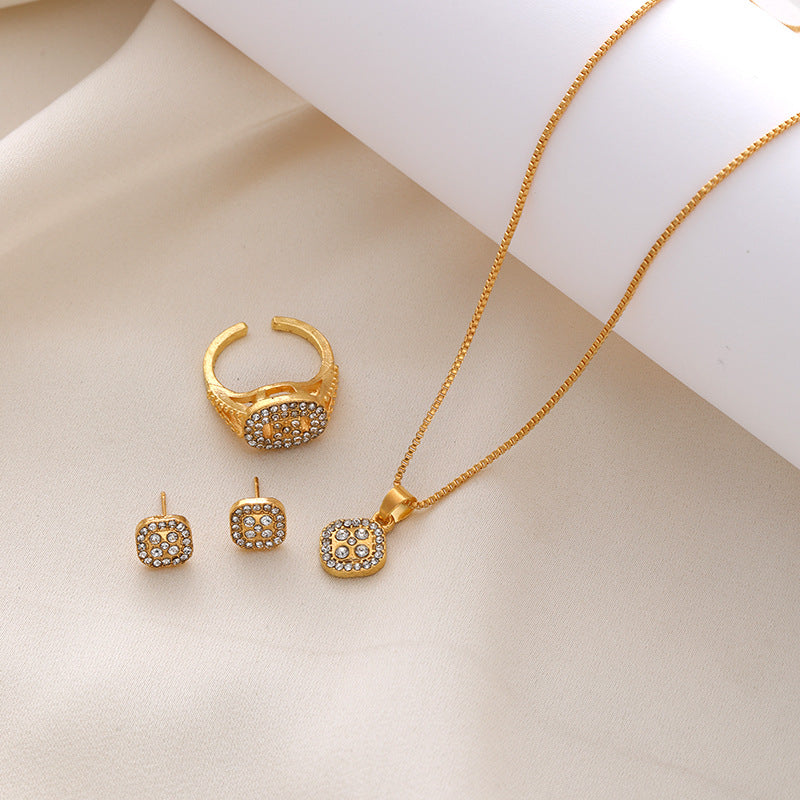 Diamant-Geometrisches-Halskette-Ring-Ohrringe-3-teiliges Set