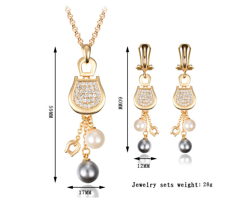 Juego de collar de aleación, juego de pendientes de perlas y oro de 18 quilates