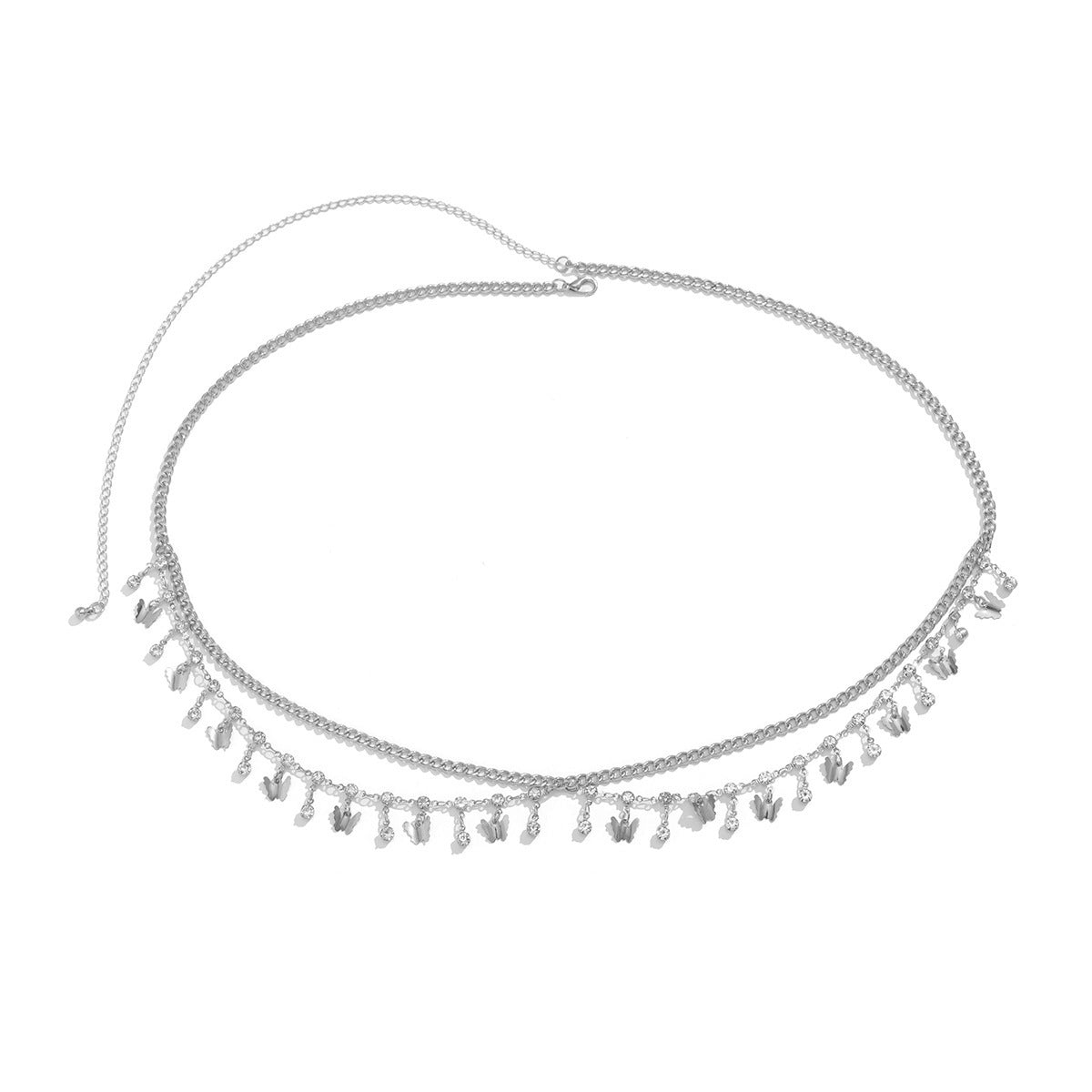 Bikini con diamantes de imitación, cadenas de cintura, cadenas corporales multicapa, borlas de metal de mariposa, cadena de cintura