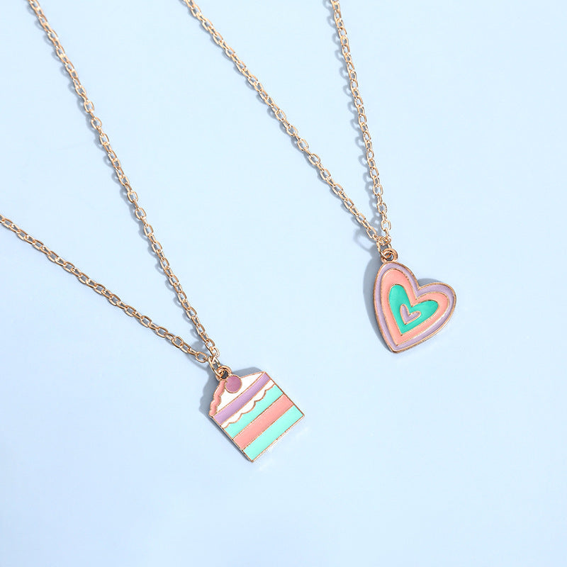 Women Macaron Multi-color Oil Drop Heart Pendant Girl Cute Cake Shape Necklace