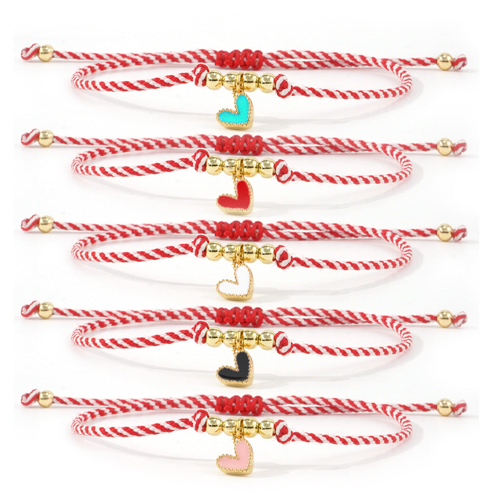 Pulsera de Cobre con Cuentas de Cobre Gota de Aceite, Corazón de Melocotón Rojo y Blanco con Cuerda