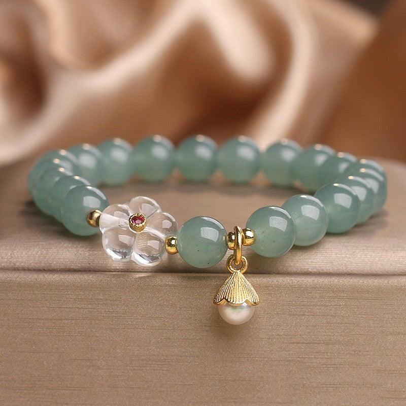 Pulsera de flores de cristal blanco de jade de agua azul para mujer