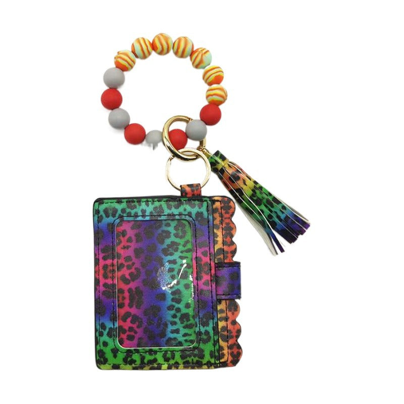 Llavero de pulsera de cuentas de silicona con estampado de leopardo