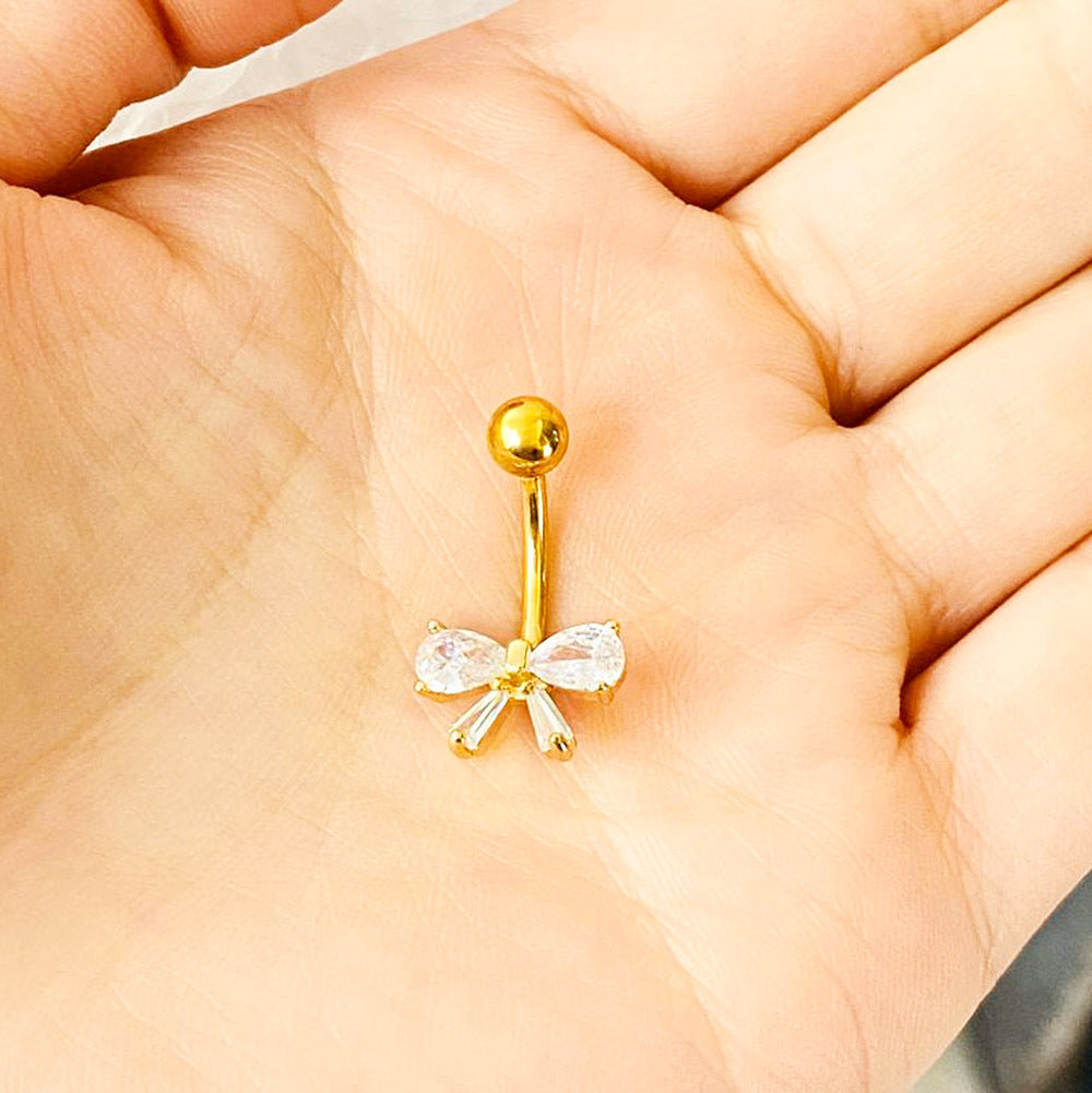 Pendiente de ombligo con incrustaciones de circón en forma de lazo, de acero inoxidable, para piercing corporal