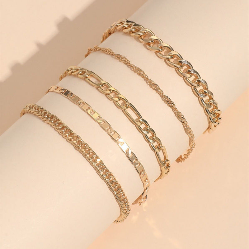 Tobillera de cadena de serpiente retro creativa de metal, conjunto de cinco piezas, sencilla y elegante