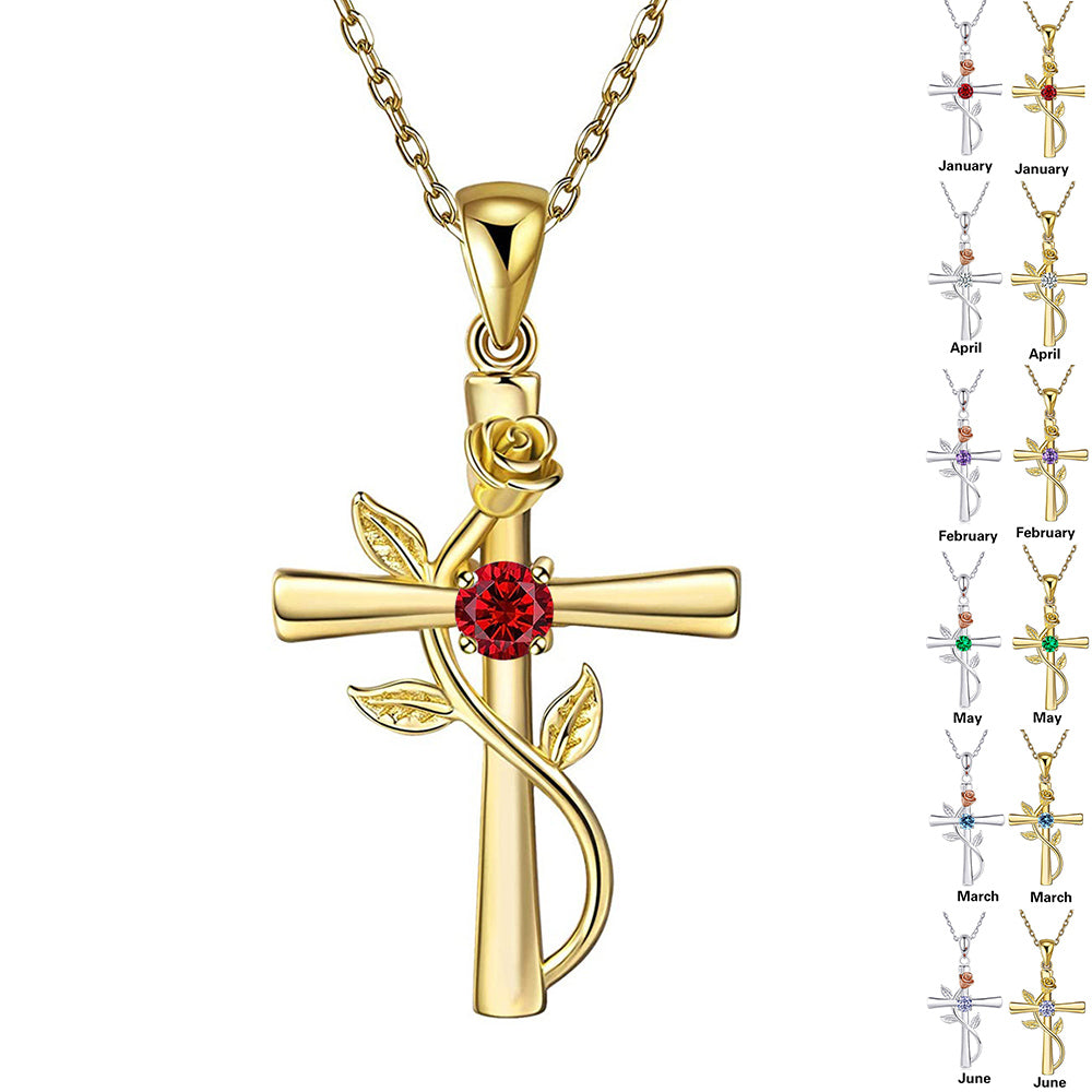 Rosenkreuz-Halskette mit Strass, modische Persönlichkeit, 12 Monats-Geburtsstein-Anhänger-Halskette für Valentinstag, Geburtstagsgeschenk