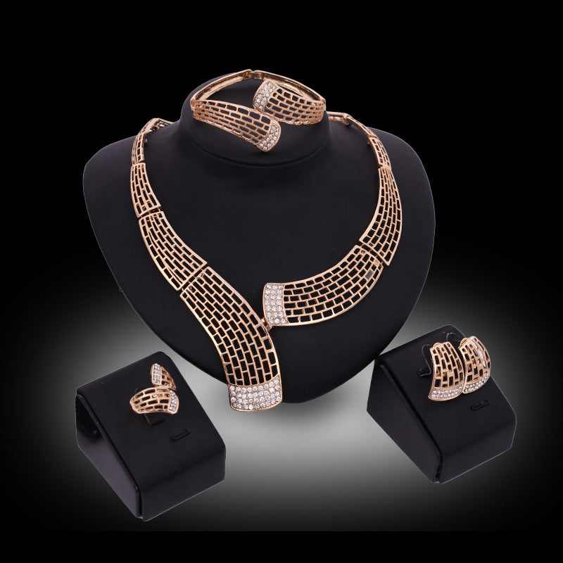 Modelegierung Hohl Texturierter Diamant Halskette Ohrringe Armband Ring Schmuckset