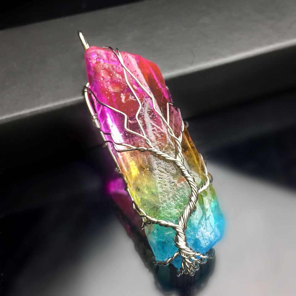 Naturstein-Anhänger 7 Chakra Regenbogen-Schmuck DIY Quarz Lebensbaum Reiki Heilanhänger Pendel Halskette Damen Herren1
