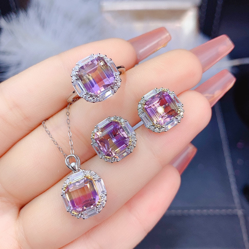 Natur Ascher Amethyst Set Ring Anhänger Ohrringe