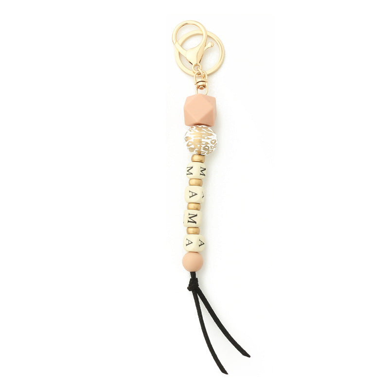 Llavero de cadena de leopardo con colgante de silicona con letras de madera y oblea