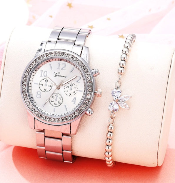 Pulsera de reloj de diamantes, reloj con correa de acero inoxidable, reloj de aleación Geneva