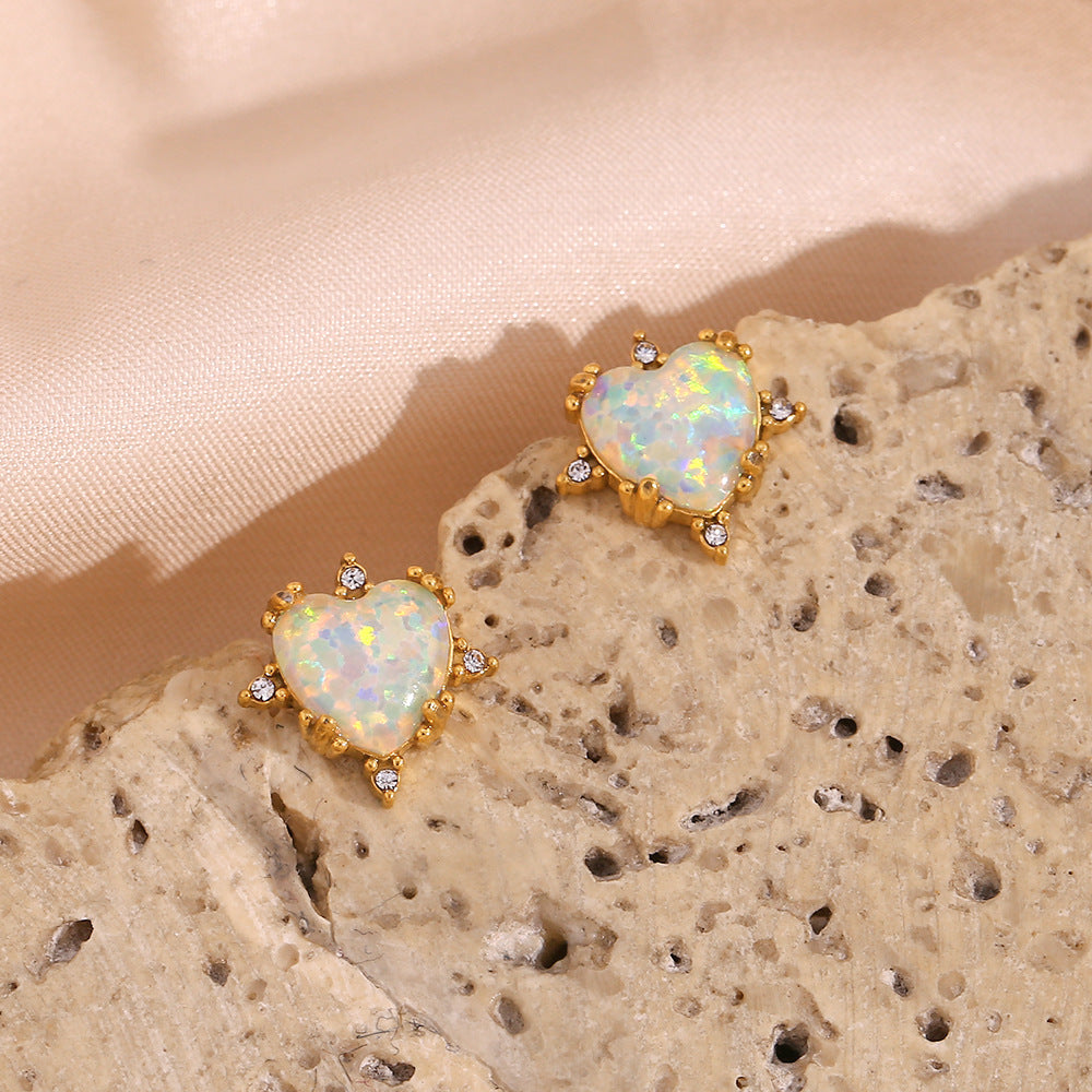 European And American Fashion Retro Popular Bracelet Ear Studs Stainless Steel Gold-plated Peach Heart Opal Necklace