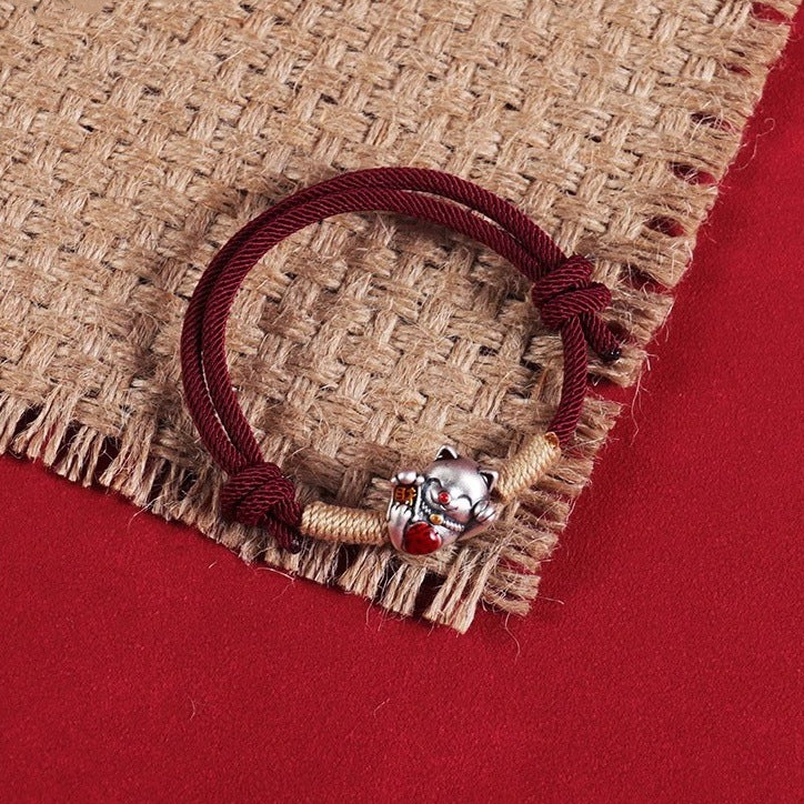 Handgewebtes Glückskatze Fu-Zeichen Tibetisches Rotseil-Armband für Damen
