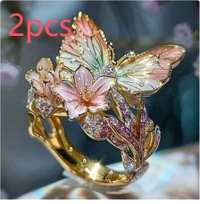 Anillo de mujer de mariposa y flor con aceite goteante, con incrustaciones de cristal 3D brillante, elegante, ajustable y transparente, chapado en oro, con diseño de animales e insectos, estilo estético, joyería de moda