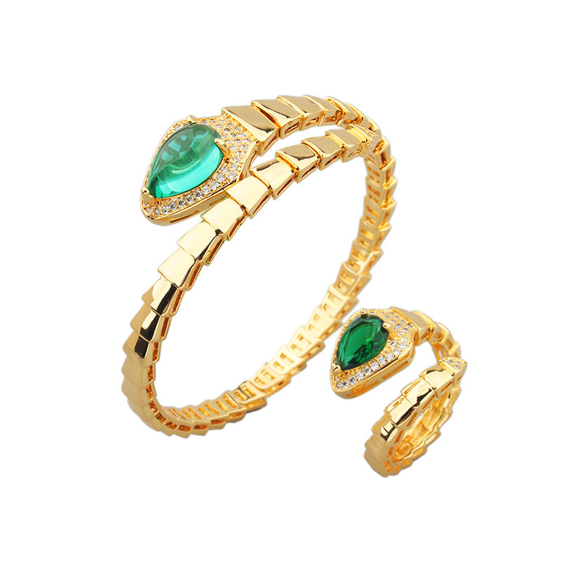 Federartiges Schlangenknochen-Armreif-Ring-Set