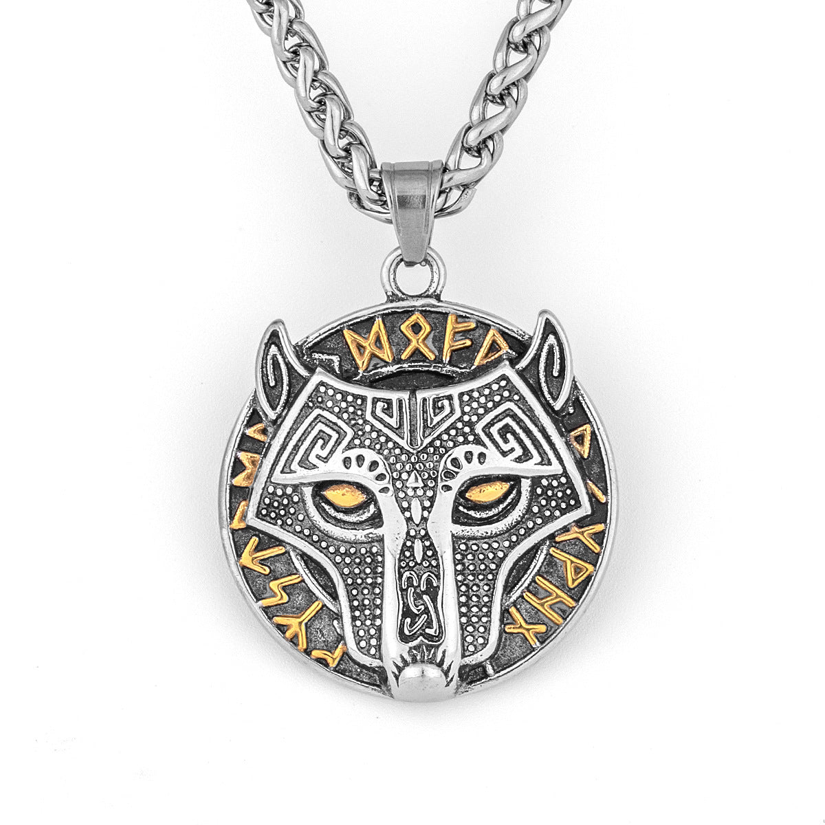 Wikinger Goldener Wolfskopf Aoding Rune Titan-Stahl-Anhänger für Herren