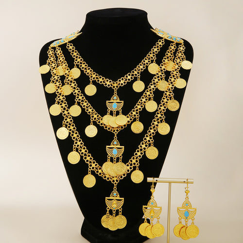 1 Set Mode Retro 18 Karat Gold Quasten Halskette Ohrringe Münze Mittlerer Osten Set Mehrschichtiges Set, Geeignet Für Weihnachtsgeschenke, Versammlungen Und Hochzeiten