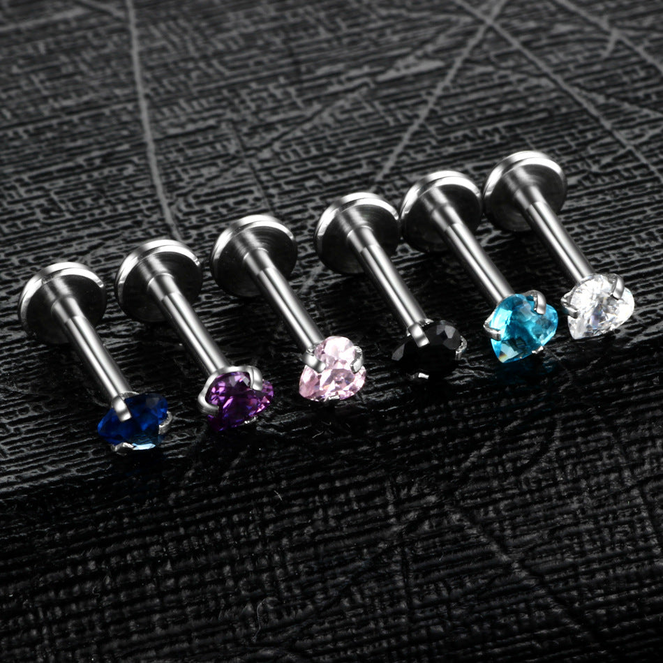 Clavos de labios de circonita con forma de corazón de acero inoxidable, con dientes internos multicolores y cuatro puntas