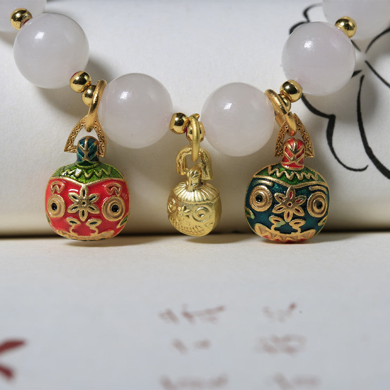 Hetian Jade Light Lotus Round Beads Swallowing Gold Beast Pendant Bracelet