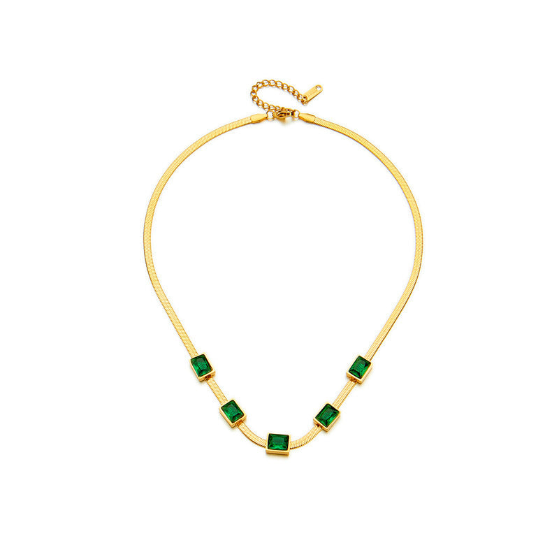 Einfaches quadratisches grünes Zirkon-Titanstahl-Halsketten- und Armbandset