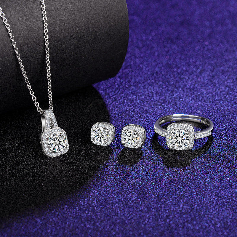 Sechs-Krallen-Moissanit-Ring-Ohrstecker-Halskette Damen-Schmuckset