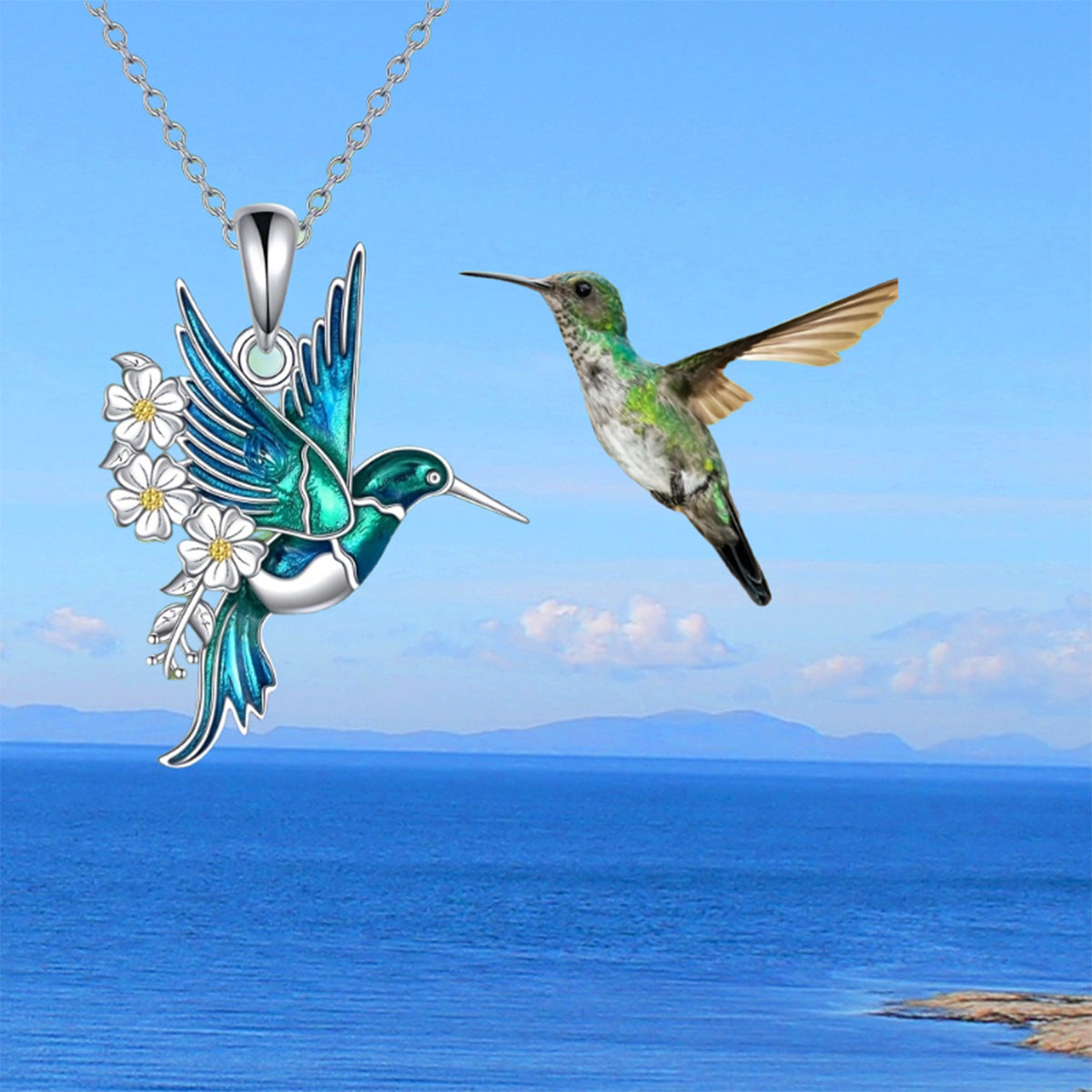 Juego de collar con colgante de colibrí y pendientes