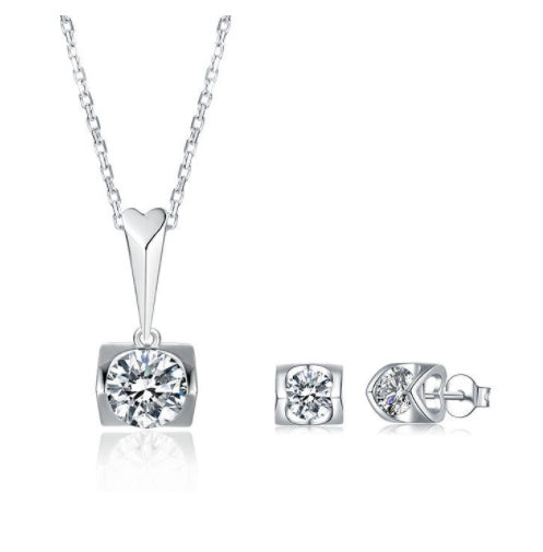 S925 Sterling Silber eingelegter Moissanit Ohrstecker Halskette zweiteiliges Set