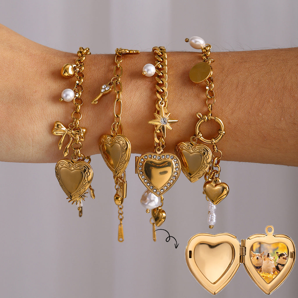 Pulsera de Cadena de Amor Pulsera de Moda de Acero de Titanio con Perlas y Lazo