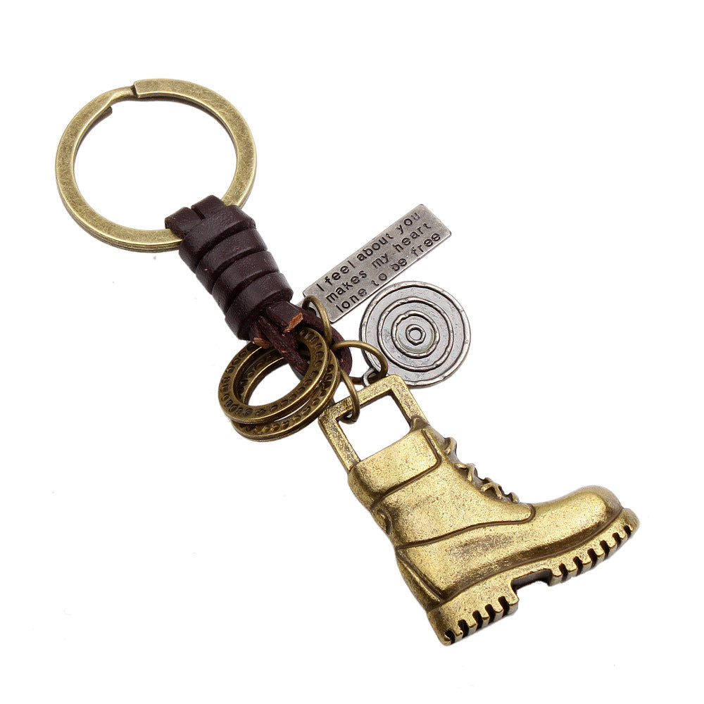 Llavero creativo de coche de cuero trenzado de bronce
