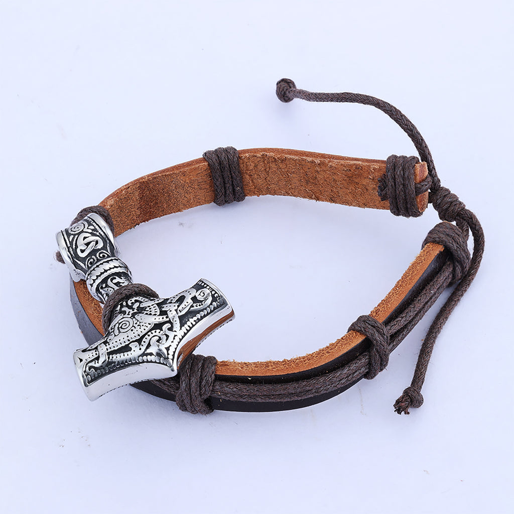 Pulsera de cordón de cuero de estilo retro de acero inoxidable