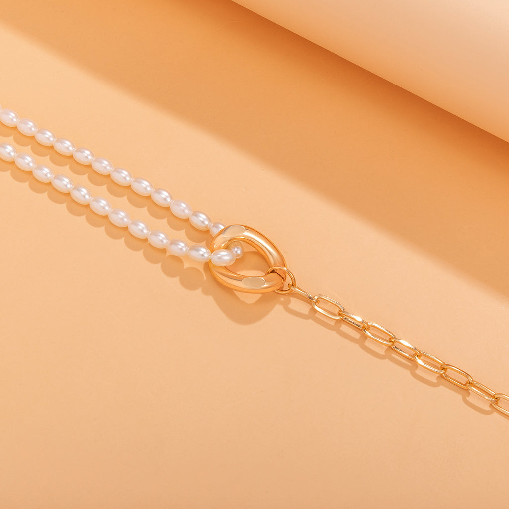 Women's Cross Chain Button Pearl Woven Necklace