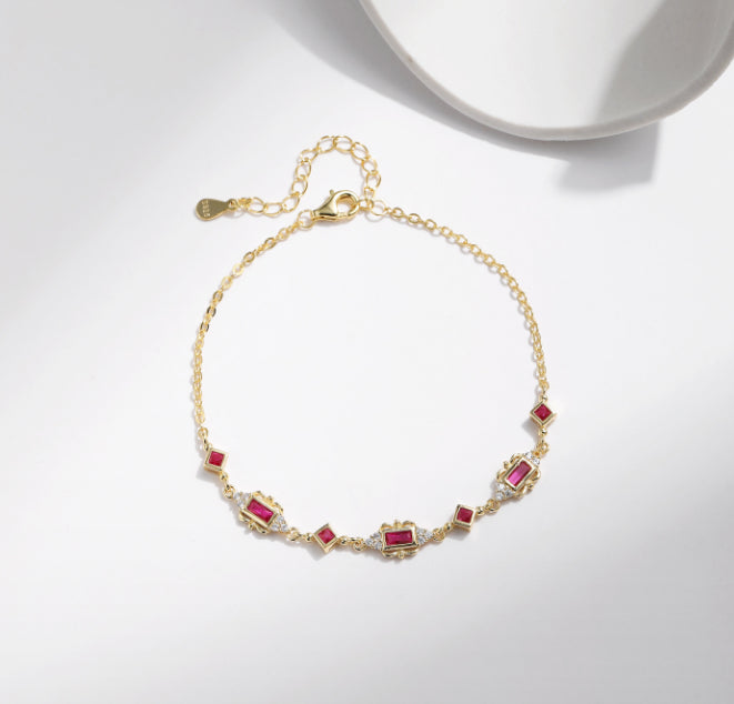 S925 Sterling Silver French Retro Pigeons-blood Ruby Geometric Bracelet