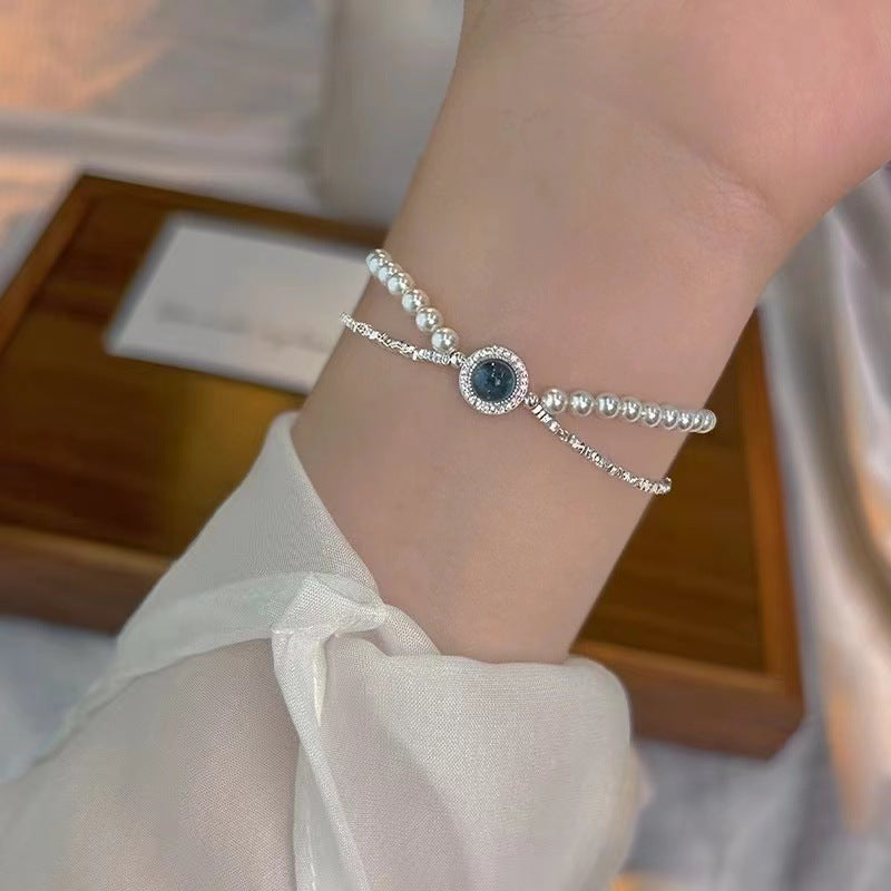 S925 Sterling Silver Aquamarine Small Pieces Of Silver Shijia Pearl Bracelet For Women