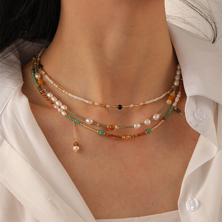 Women's Fashionable All-match Small Rice-shaped Beads Colorful Beaded Necklace