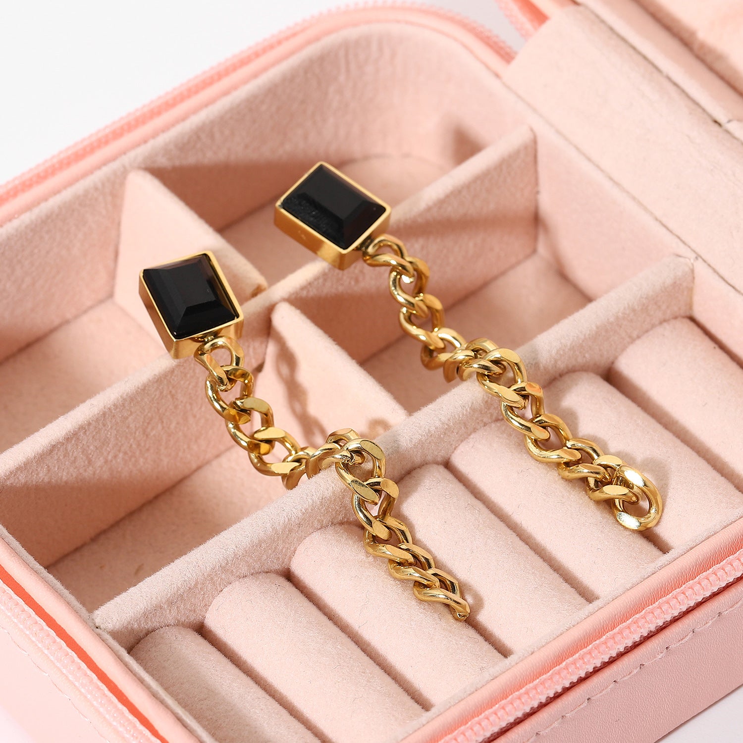 Pendientes de cadena cubana con colgante de gema negra de acero inoxidable para mujer, aretes de joyería