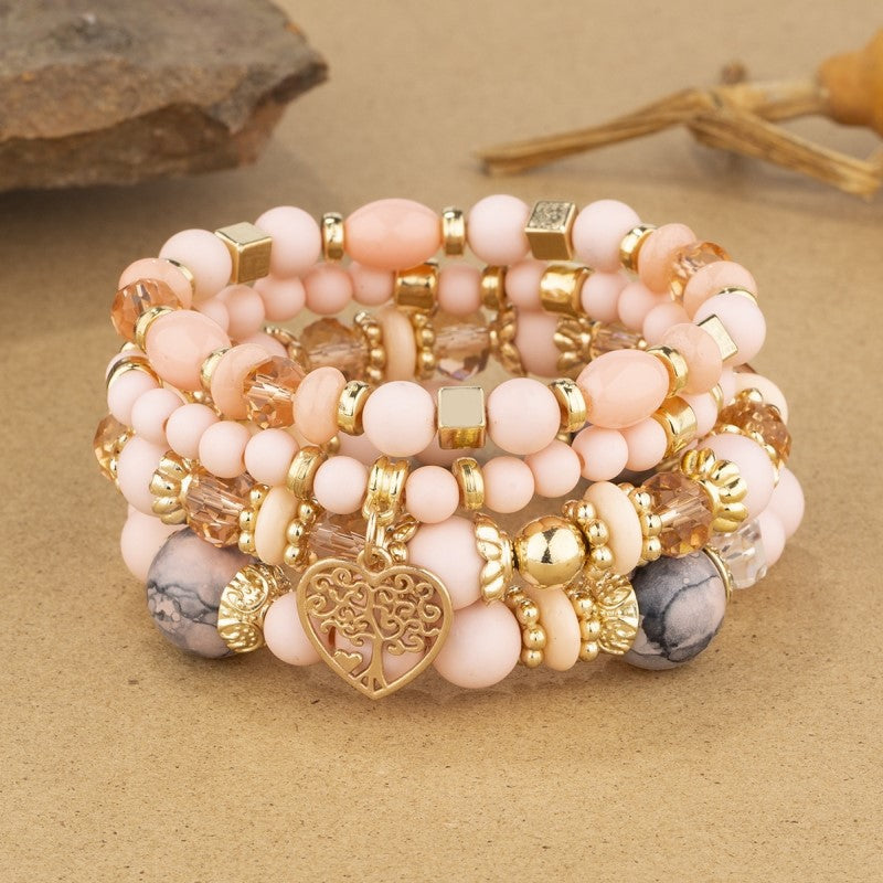 Pulsera multinevel con cristales en forma de corazón y estilo nacional bohemio
