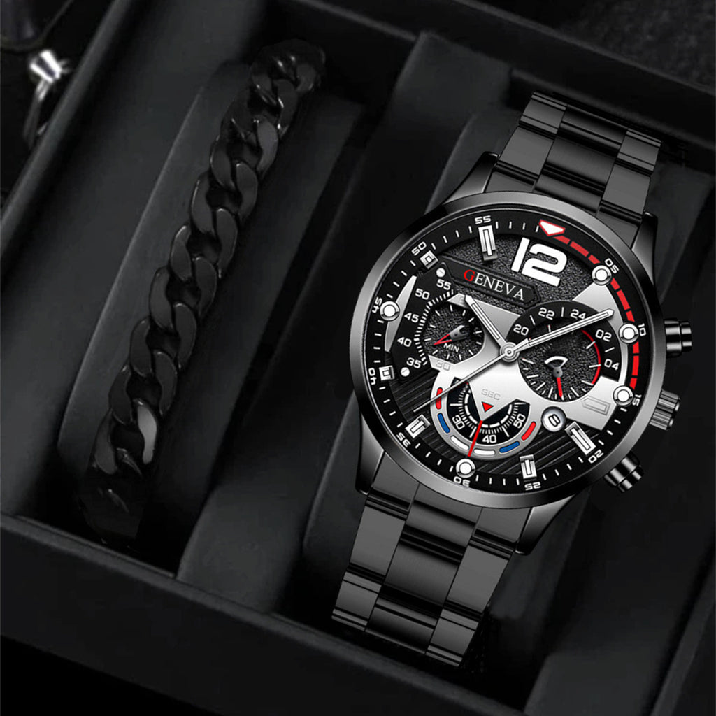 Juego de pulsera de 2 relojes de cuarzo de tres ojos de acero de moda para hombre, regalos de San Valentín