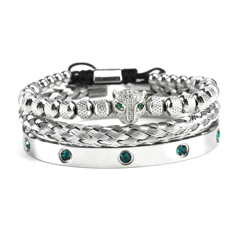 Pulsera Microincrustada Cabeza de Leopardo Ojo Verde Acero Inoxidable Zircón Verde Diez Diamantes