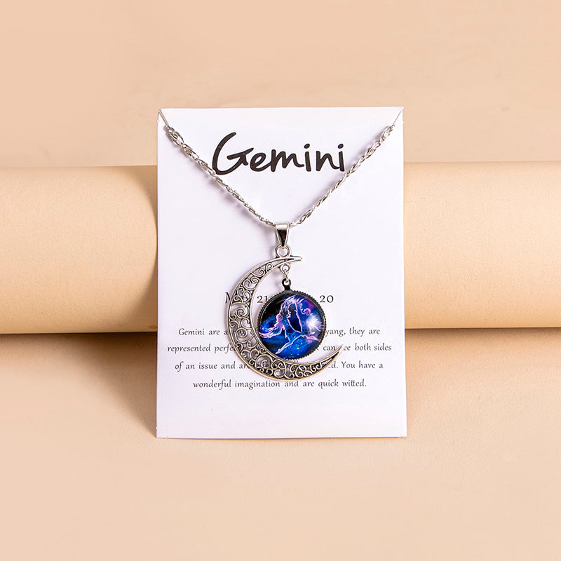 Collar con colgante de luna y 12 abalorios de cristal con signos del zodiaco para mujer y niña