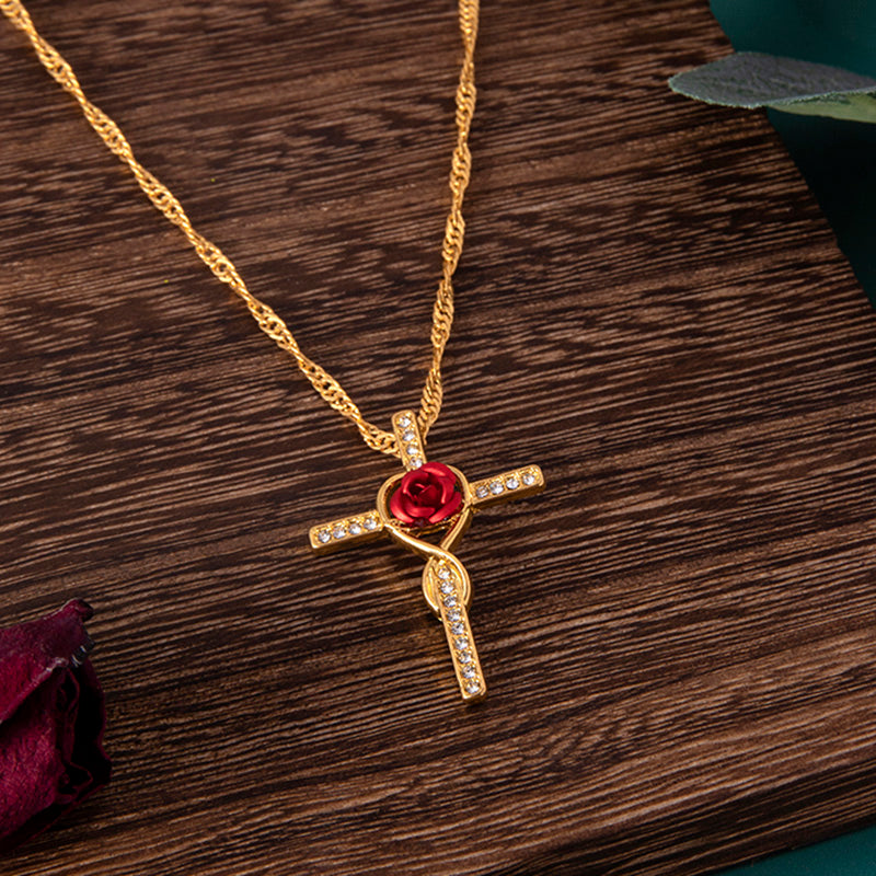 Mode Rose Blume Kreuz Halskette Gold Kristall Unendlichkeit Anka Anhänger Halsketten für Frauen Religiöser Schmuck