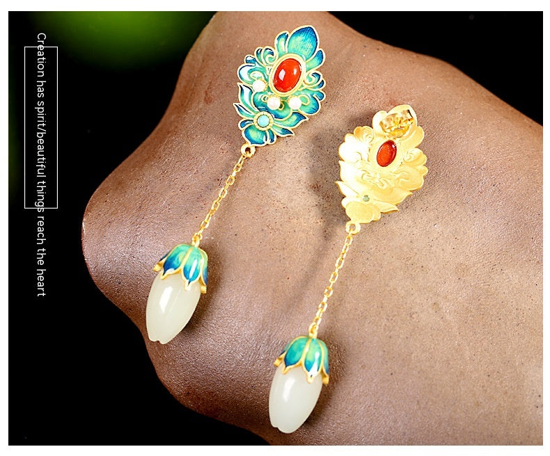 Pendientes de flor de plata S925 con incrustaciones de jade blanco Hetian