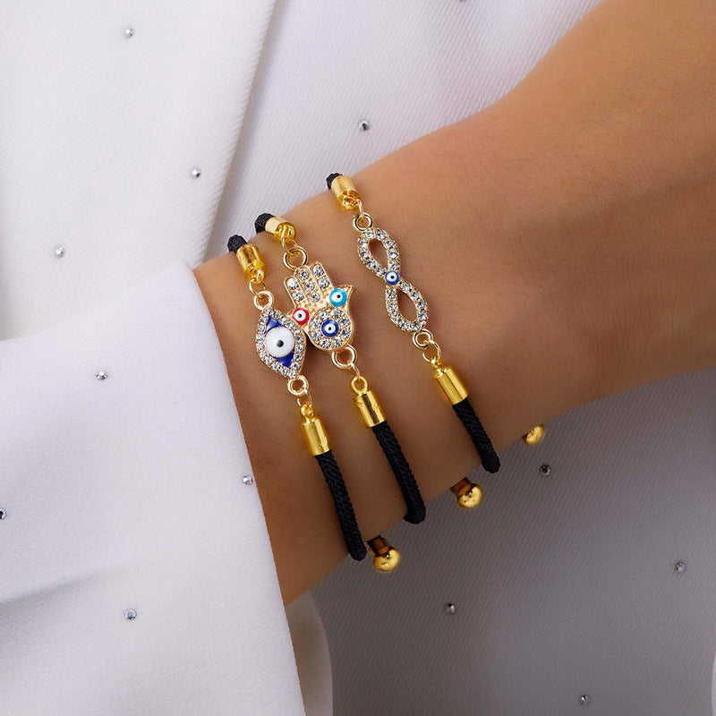 Evil Blue Eyes Alloy Oil Dripping Devil's Eye Diamond-embedded Pull Bracelet