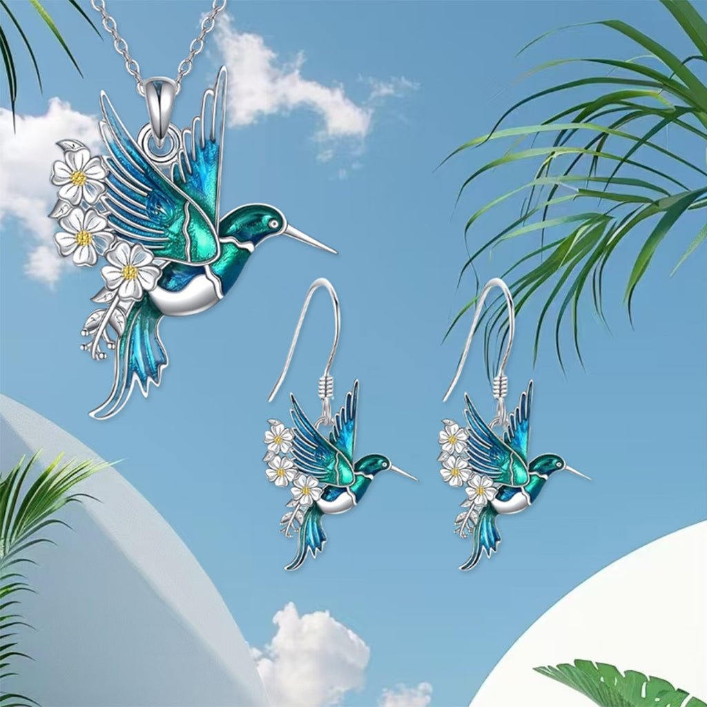 Juego de collar con colgante de colibrí y pendientes