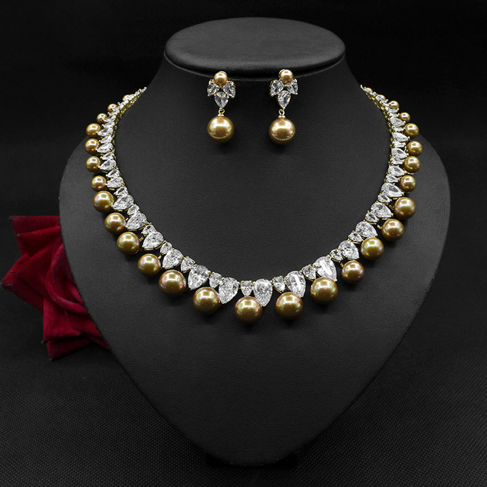 Perlen-Zirkon-Ohrringe-Halsketten-Set, Abend-Schmuck