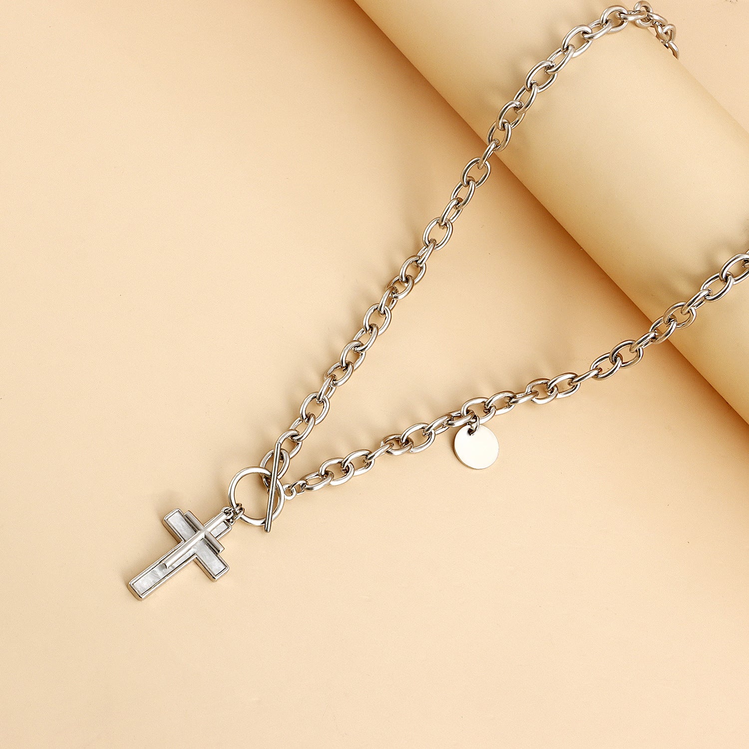 Punk Double Cross White Shell Pendant Necklace