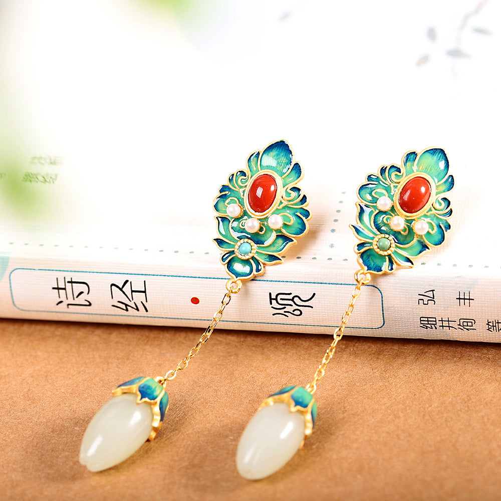 Pendientes de flor de plata S925 con incrustaciones de jade blanco Hetian