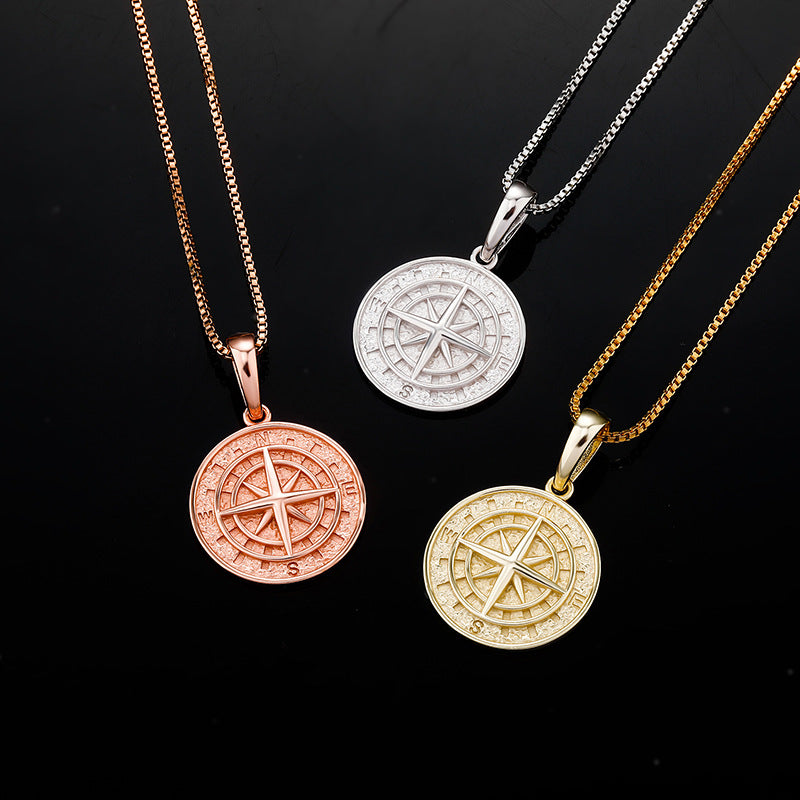 925 Silver Compass Compass Hip Hop Pendant Necklace
